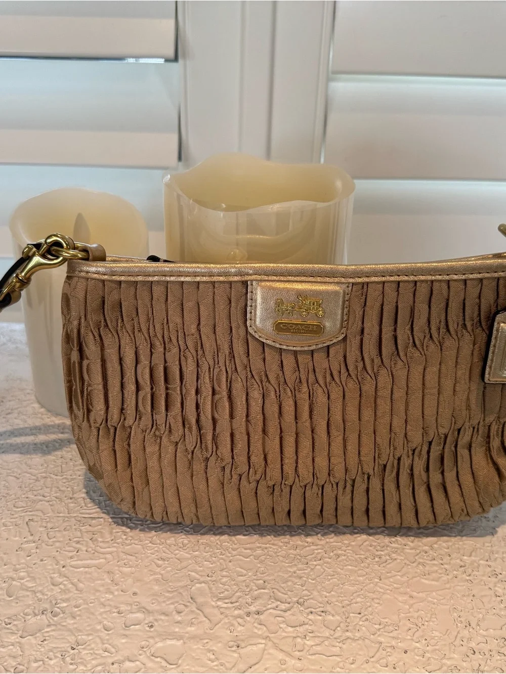 Coach Ruched Clutch Wristlet in Taupe with Gold Trim